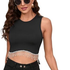 Black Sleeveless Top with Beaded Fringe